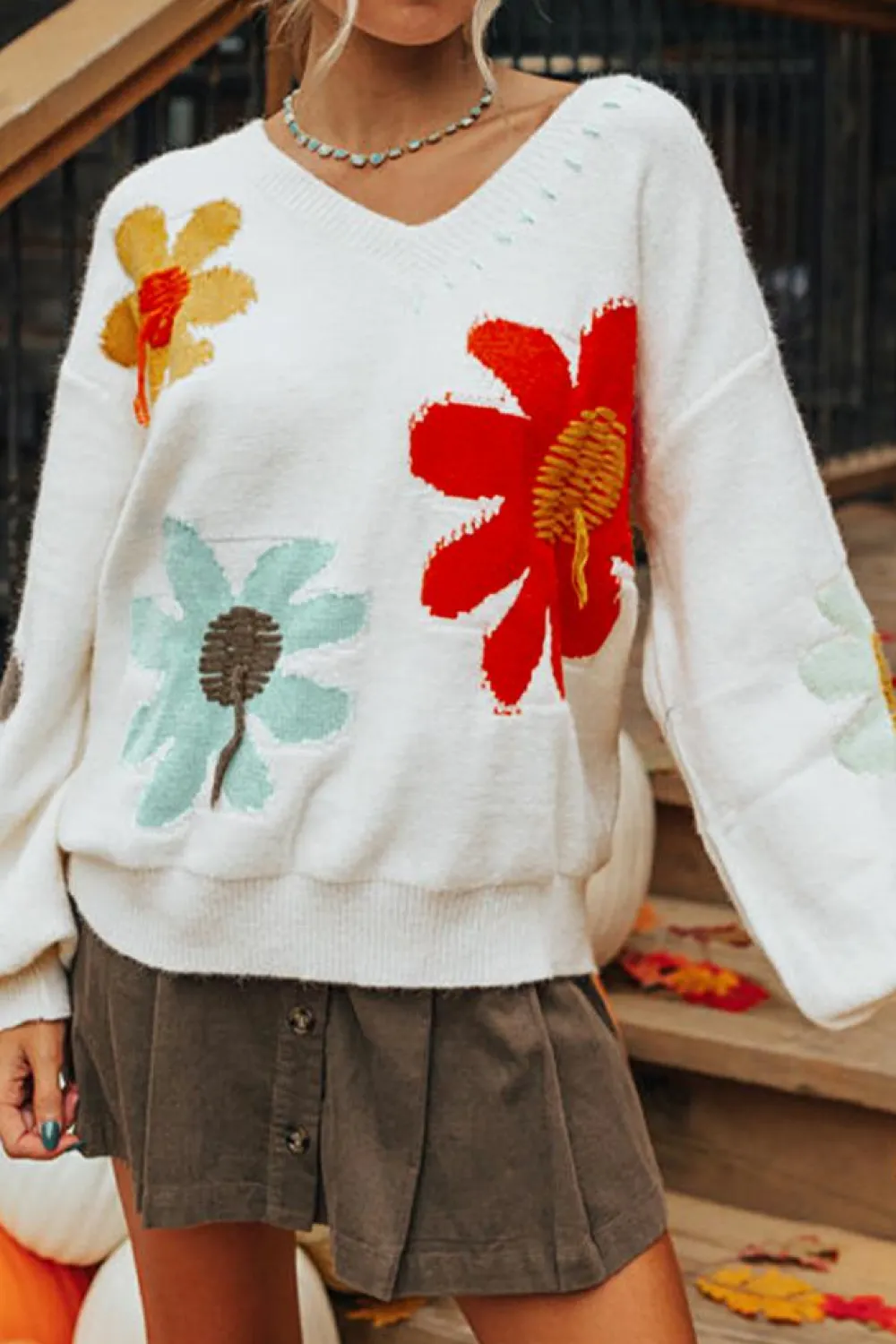 Best Dear-Lover Big Flower Pattern V Neck Drop Shoulder Sweater White