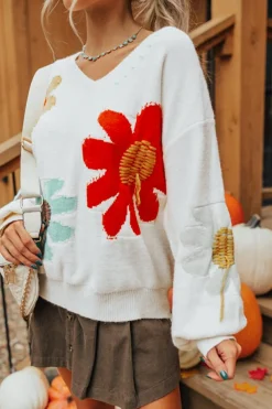 Best Dear-Lover Big Flower Pattern V Neck Drop Shoulder Sweater White