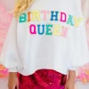Discount Dear-Lover BIRTHDAY QUEEN Graphic Balloon Sleeve Sweatshirt White