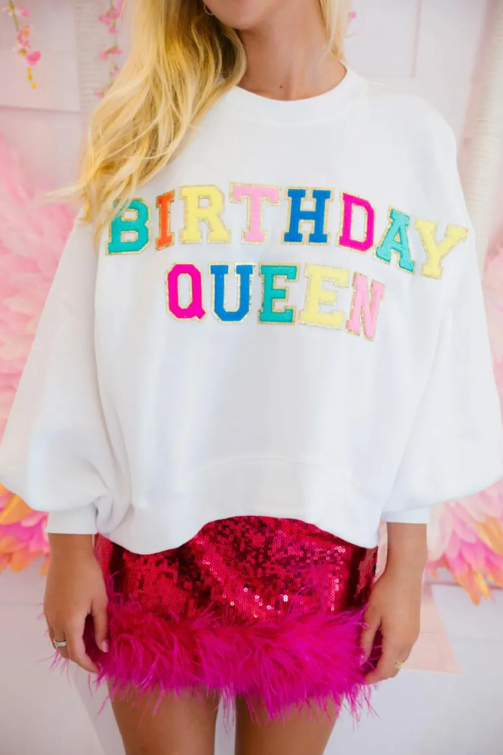 Discount Dear-Lover BIRTHDAY QUEEN Graphic Balloon Sleeve Sweatshirt White