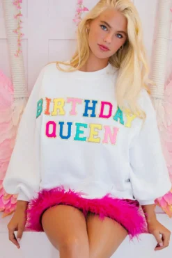 Discount Dear-Lover BIRTHDAY QUEEN Graphic Balloon Sleeve Sweatshirt White