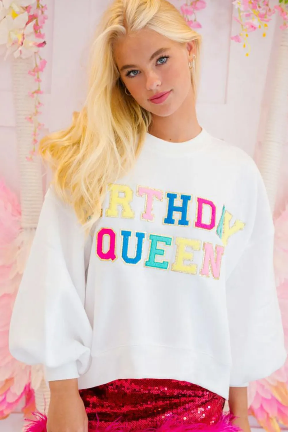 Discount Dear-Lover BIRTHDAY QUEEN Graphic Balloon Sleeve Sweatshirt White