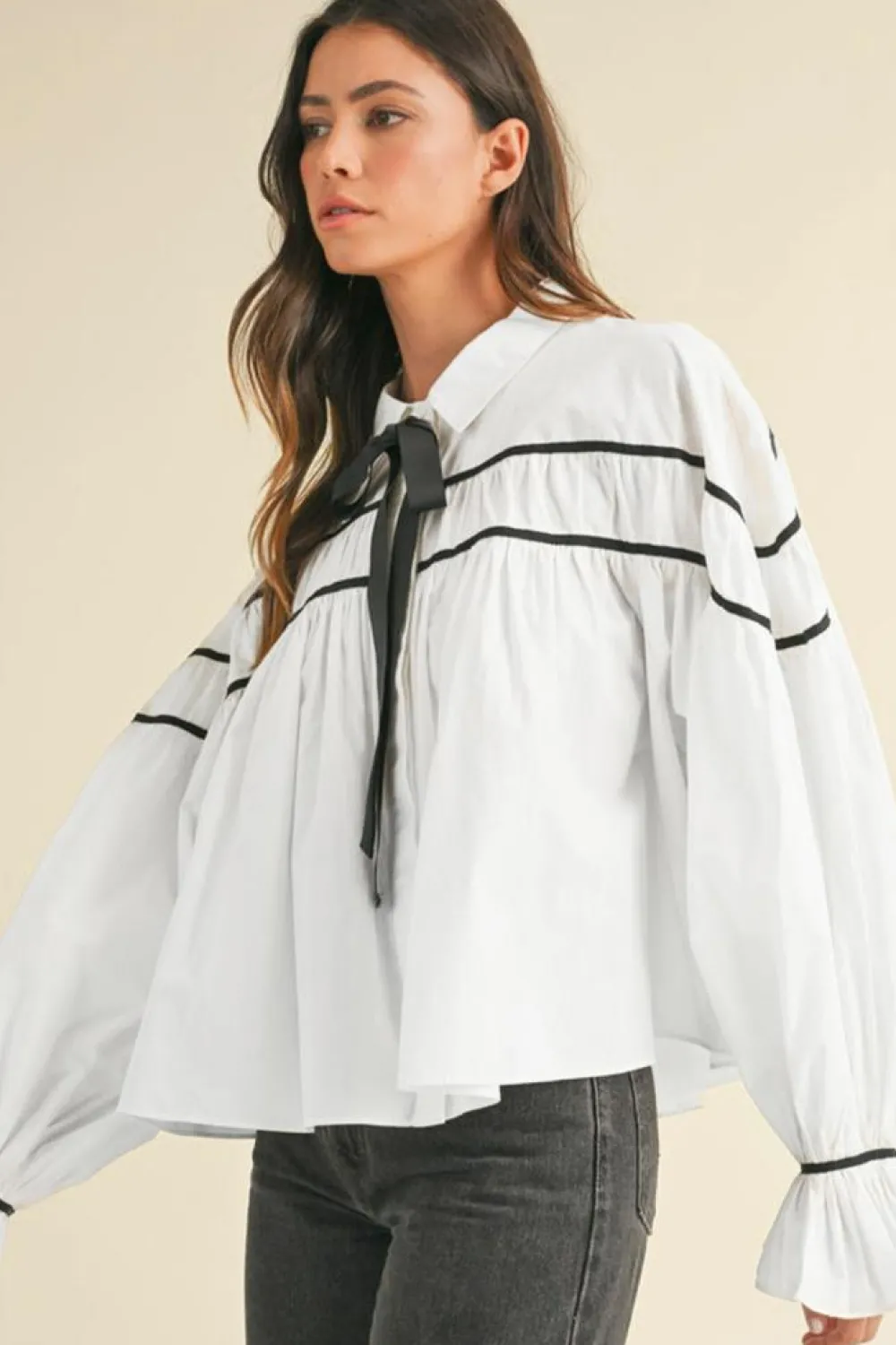 Hot Dear-Lover Black Pipping Ribbon Bowtie Collared Ruffled Puff Sleeve Shirt White