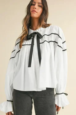Hot Dear-Lover Black Pipping Ribbon Bowtie Collared Ruffled Puff Sleeve Shirt White
