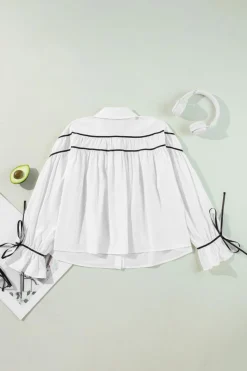Hot Dear-Lover Black Pipping Ribbon Bowtie Collared Ruffled Puff Sleeve Shirt White