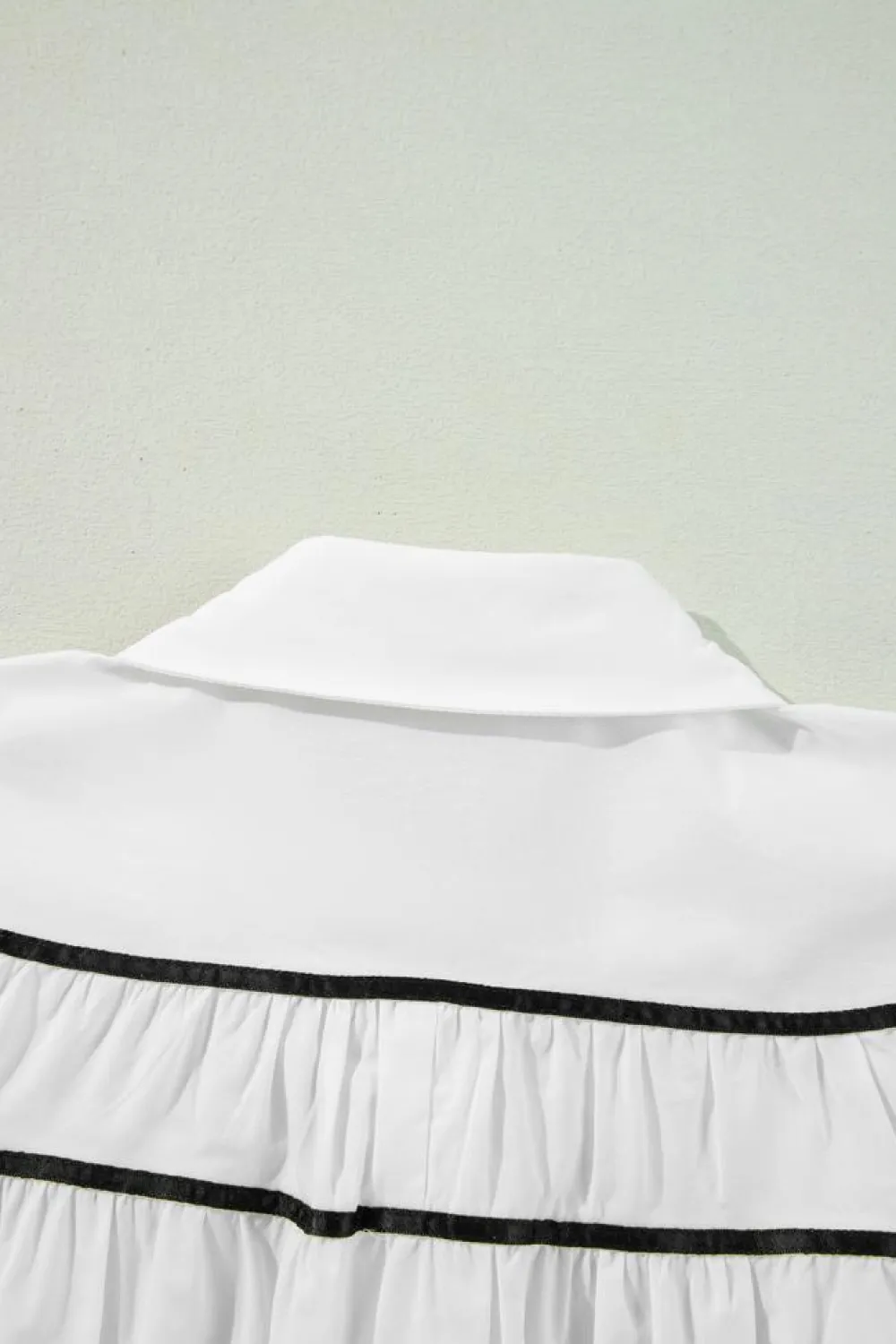 Hot Dear-Lover Black Pipping Ribbon Bowtie Collared Ruffled Puff Sleeve Shirt White