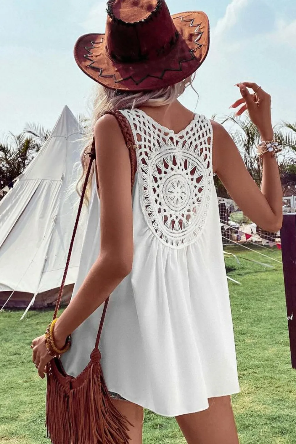 New Dear-Lover Bohemian Crochet Patchwork Sleeveless Tunic White