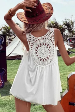 New Dear-Lover Bohemian Crochet Patchwork Sleeveless Tunic White