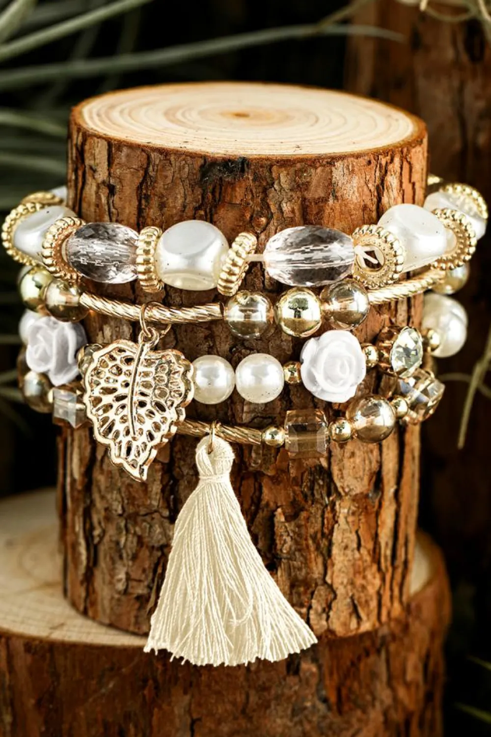 Clearance Dear-Lover Bohemian Rhinestone Beaded Fringed Layered Bracelet White