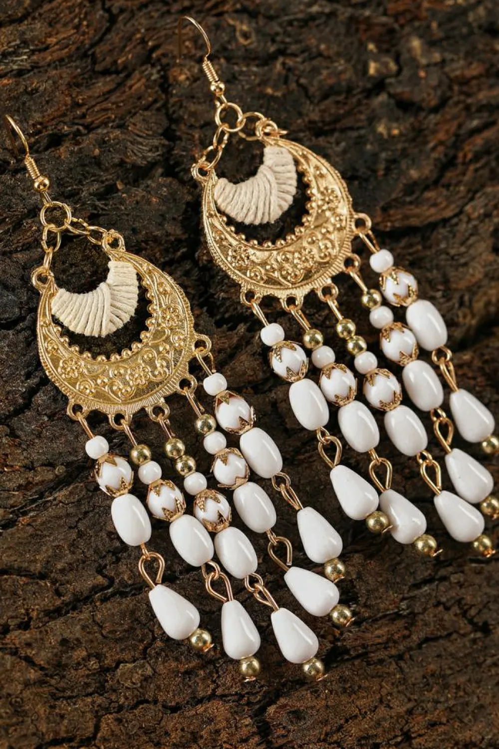 Clearance Dear-Lover Boho Beaded Tassel Alloy Charm Earrings White