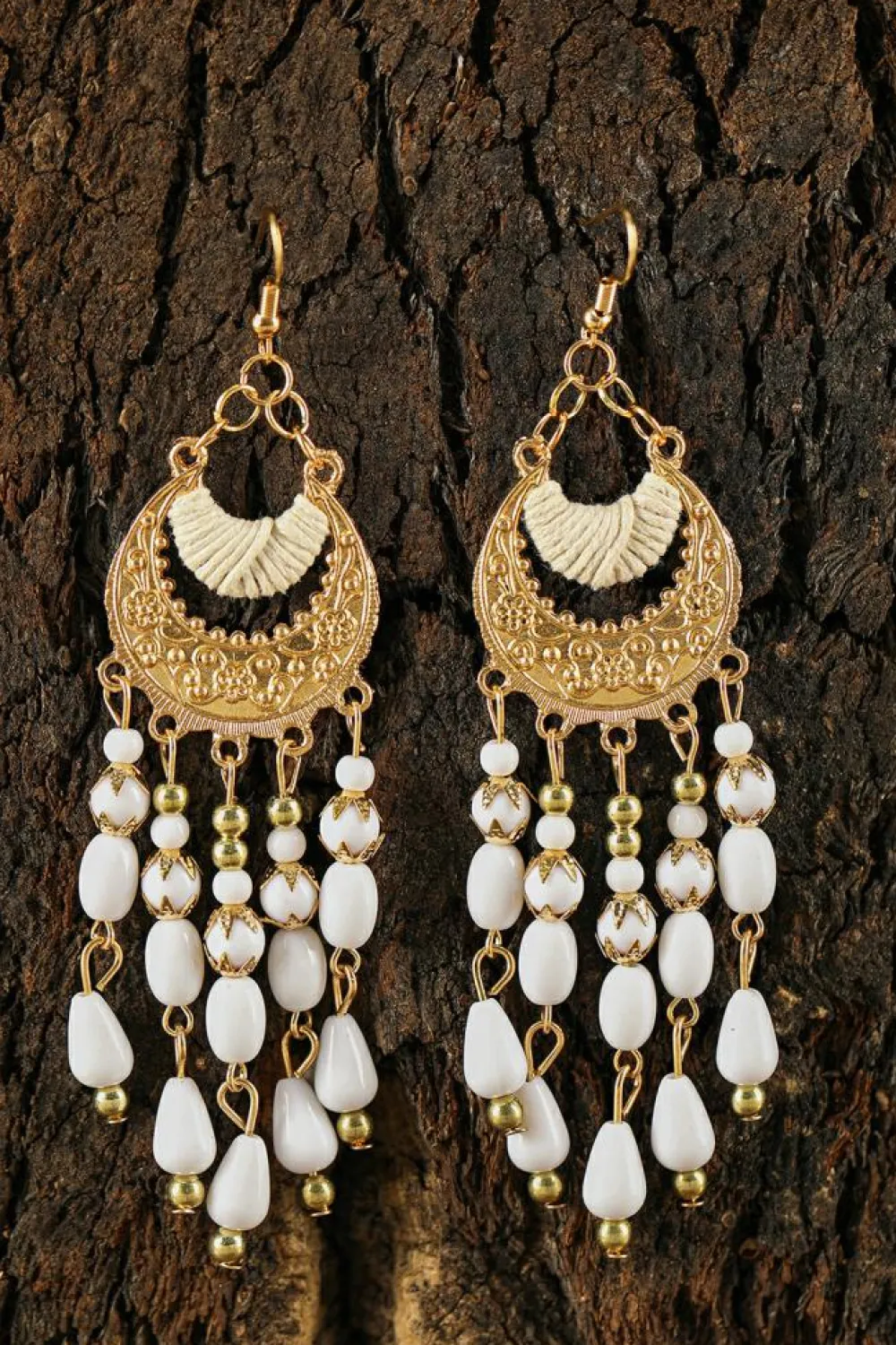 Clearance Dear-Lover Boho Beaded Tassel Alloy Charm Earrings White