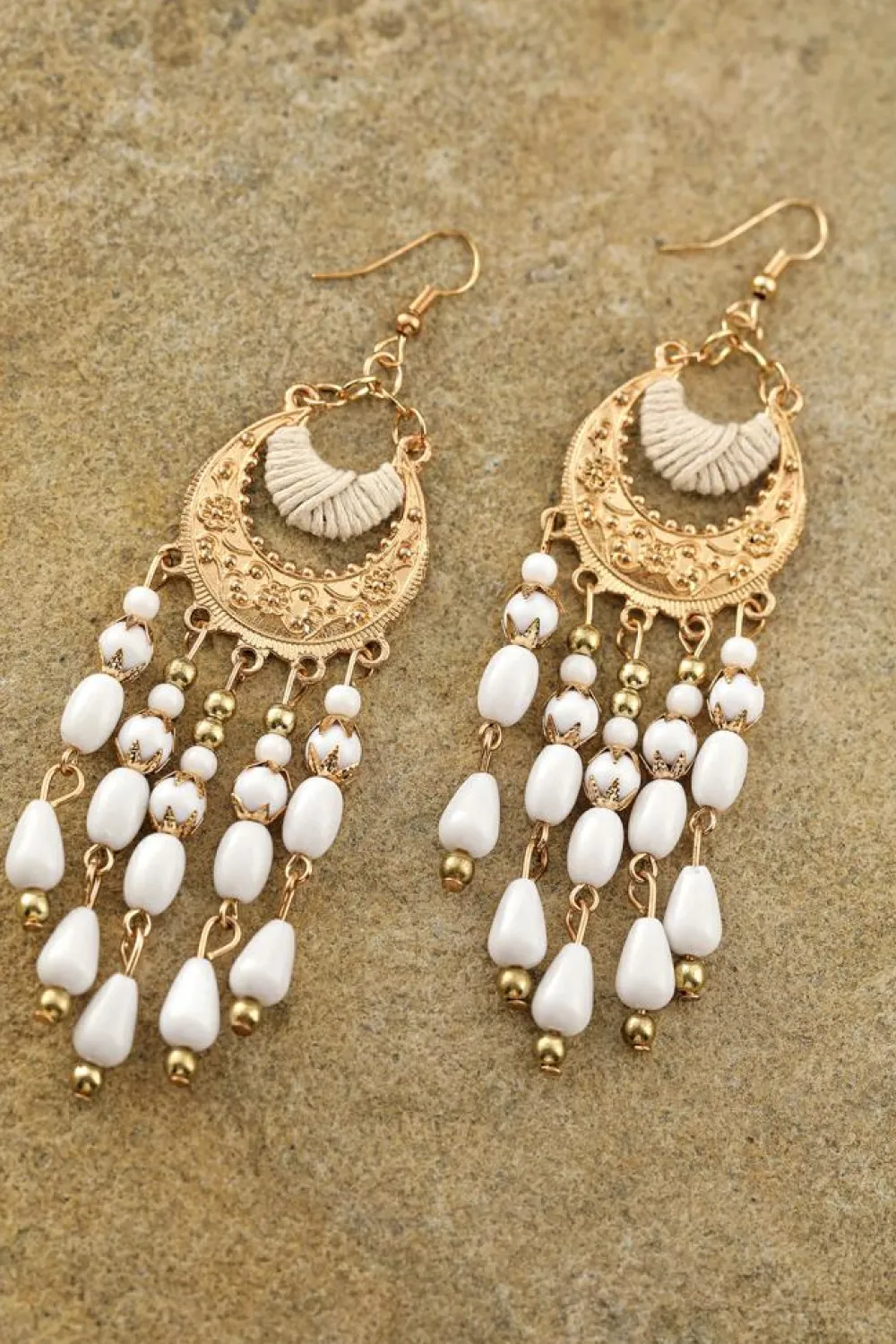 Clearance Dear-Lover Boho Beaded Tassel Alloy Charm Earrings White