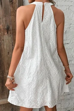 Online Dear-Lover Boho Eyelet Pattern Halter Neck Sleeveless Dress White