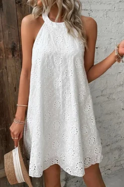 Online Dear-Lover Boho Eyelet Pattern Halter Neck Sleeveless Dress White