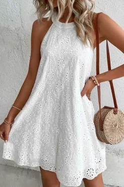 Online Dear-Lover Boho Eyelet Pattern Halter Neck Sleeveless Dress White