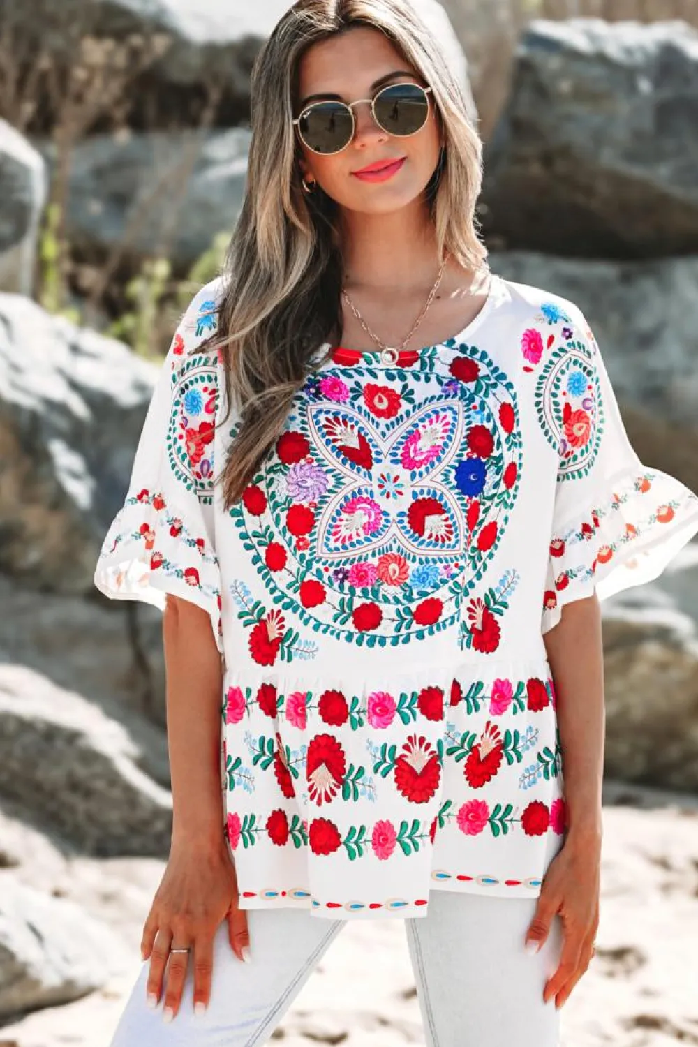 Hot Dear-Lover Boho Floral Print Round Neck Ruffle Trim Blouse White