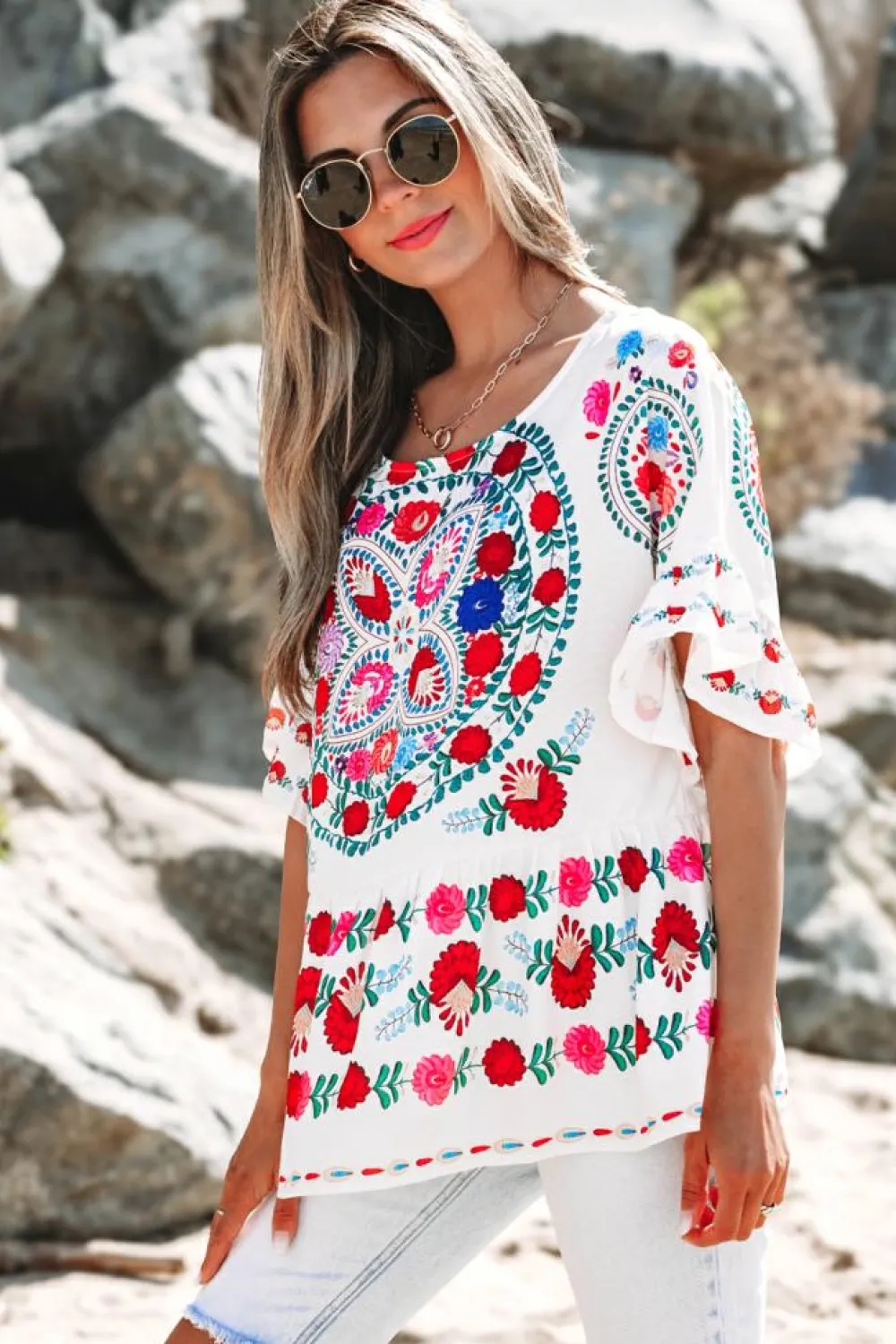 Hot Dear-Lover Boho Floral Print Round Neck Ruffle Trim Blouse White