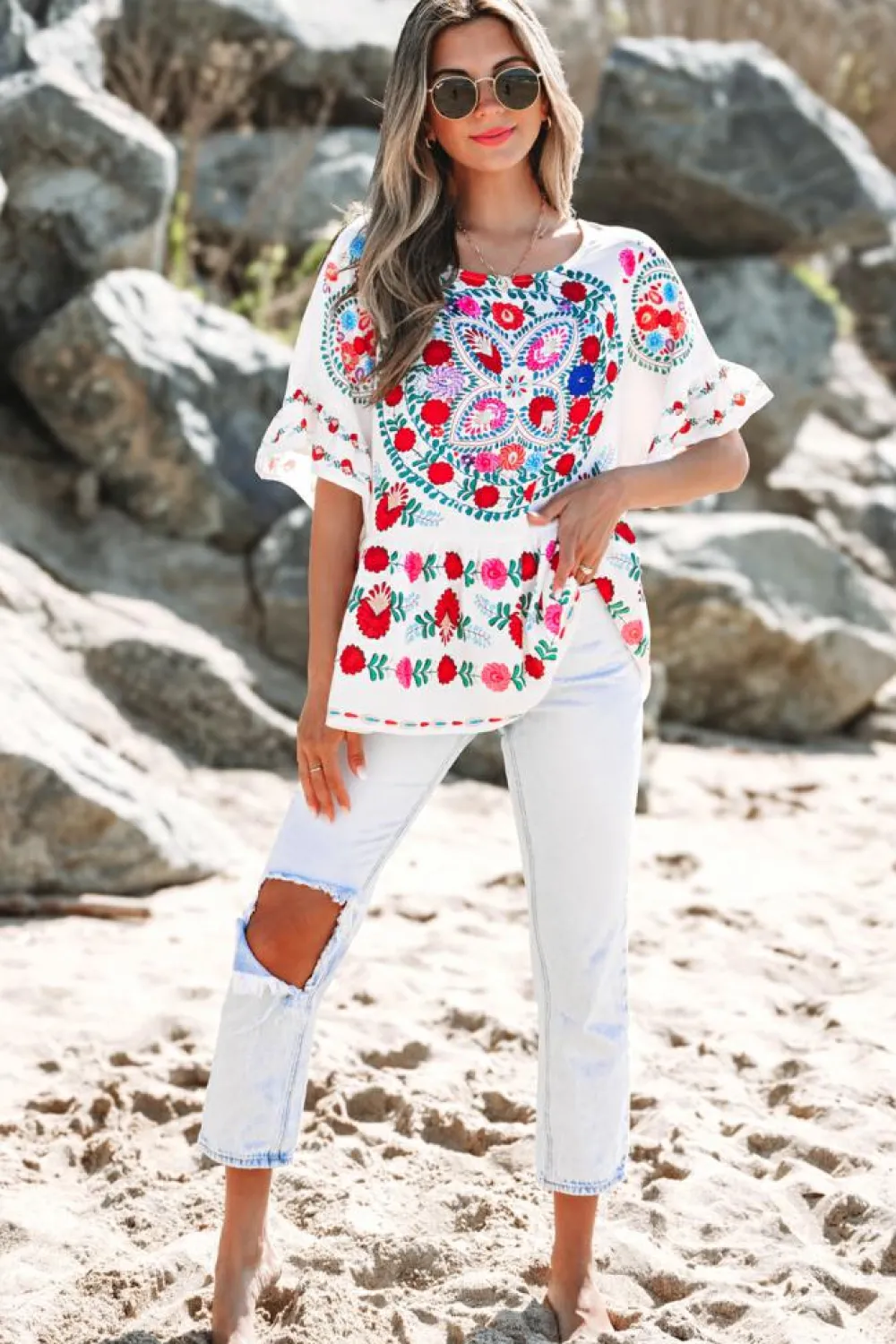 Hot Dear-Lover Boho Floral Print Round Neck Ruffle Trim Blouse White