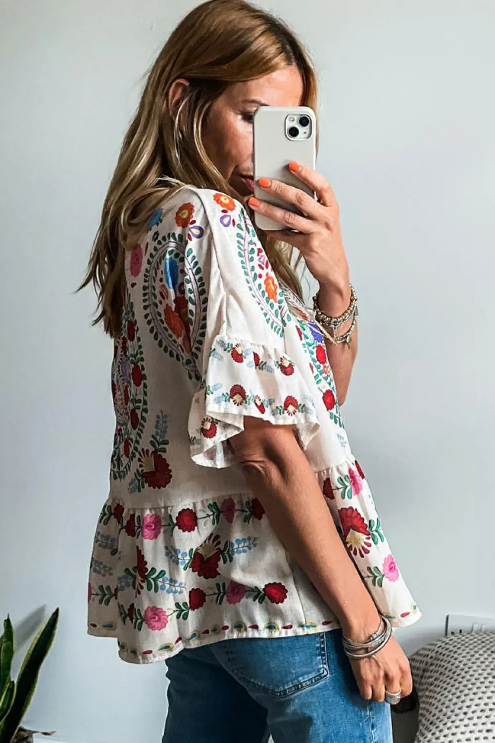 Hot Dear-Lover Boho Floral Print Round Neck Ruffle Trim Blouse White