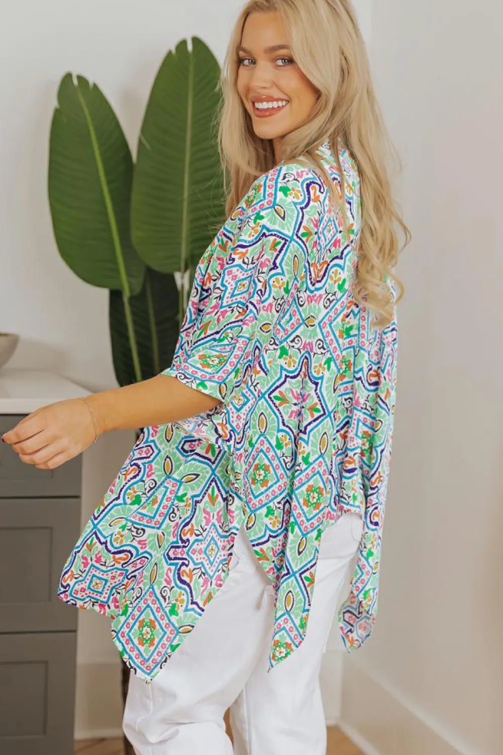 Best Dear-Lover Boho Floral Printed Rhinestone 3/4 Sleeve Open Front Kimono White