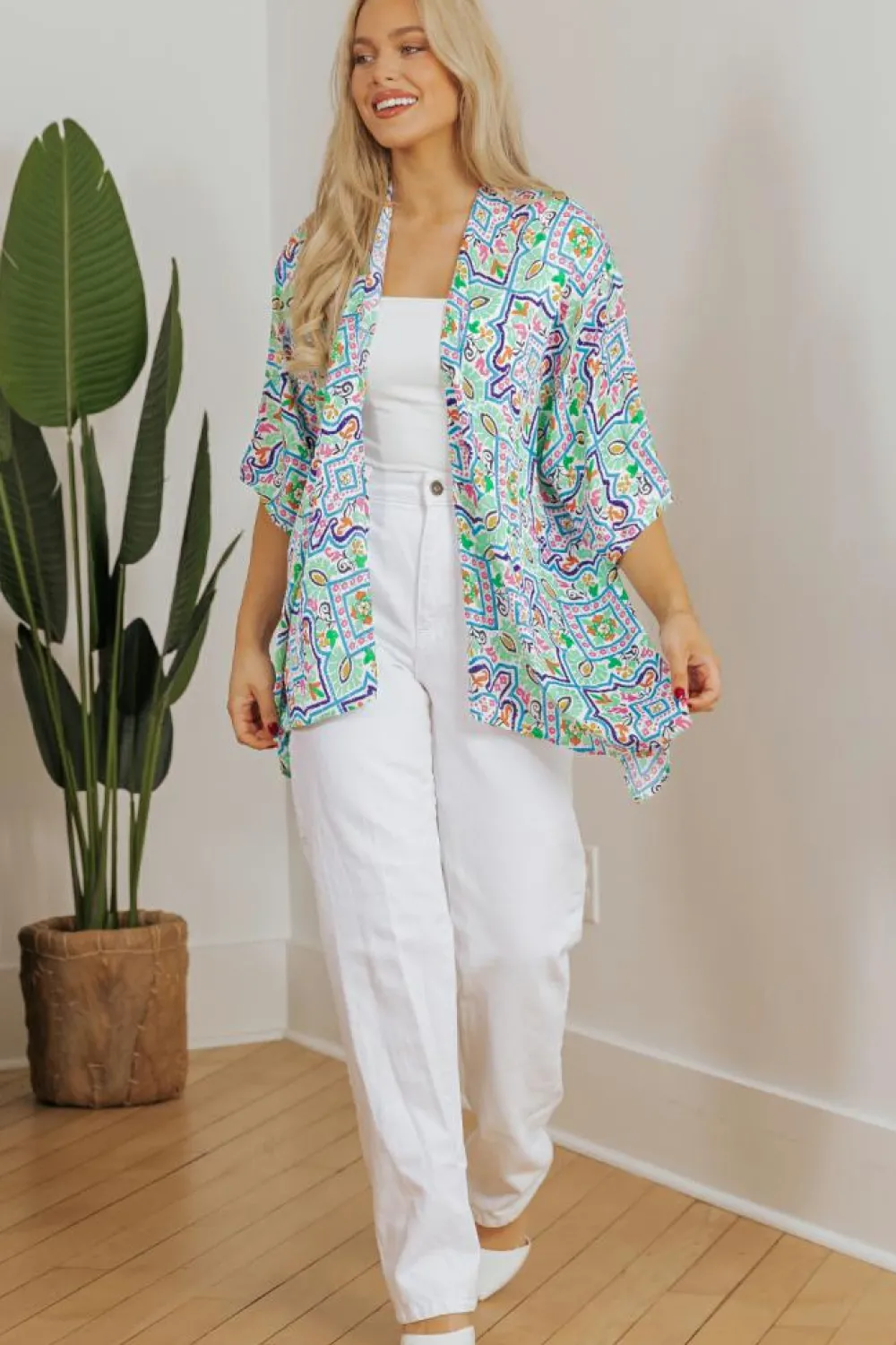 Best Dear-Lover Boho Floral Printed Rhinestone 3/4 Sleeve Open Front Kimono White