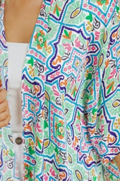 Best Dear-Lover Boho Floral Printed Rhinestone 3/4 Sleeve Open Front Kimono White