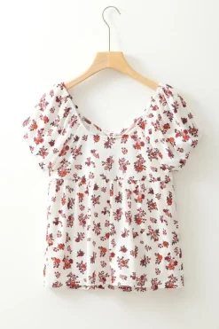 Fashion Dear-Lover Boho Floral Ruched Cinched Short Sleeve Blouse White