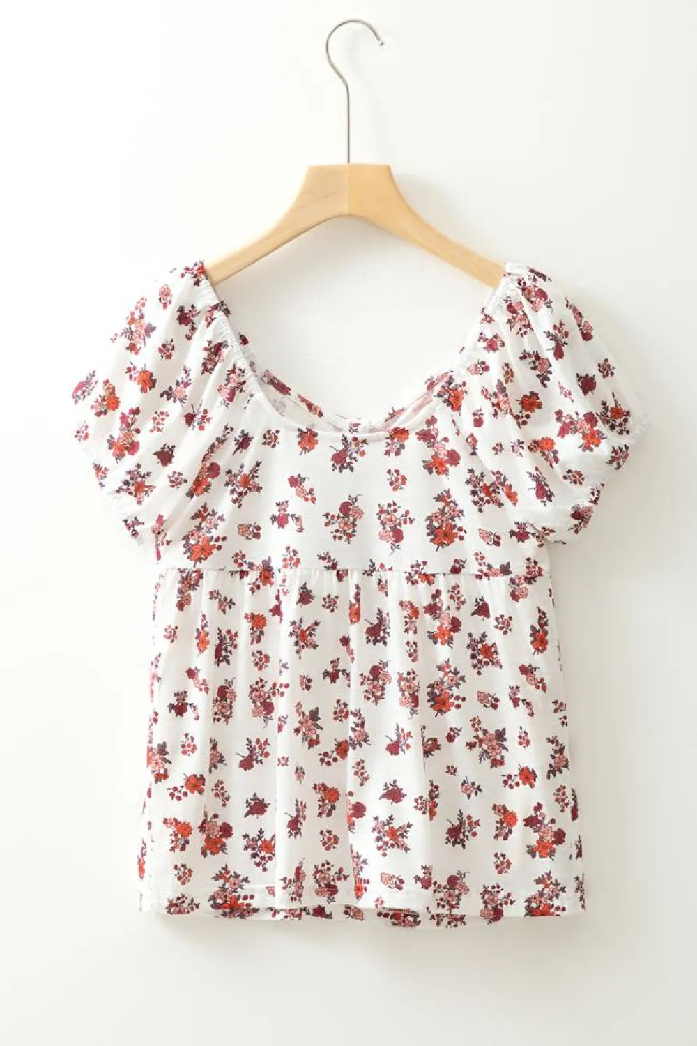 Fashion Dear-Lover Boho Floral Ruched Cinched Short Sleeve Blouse White