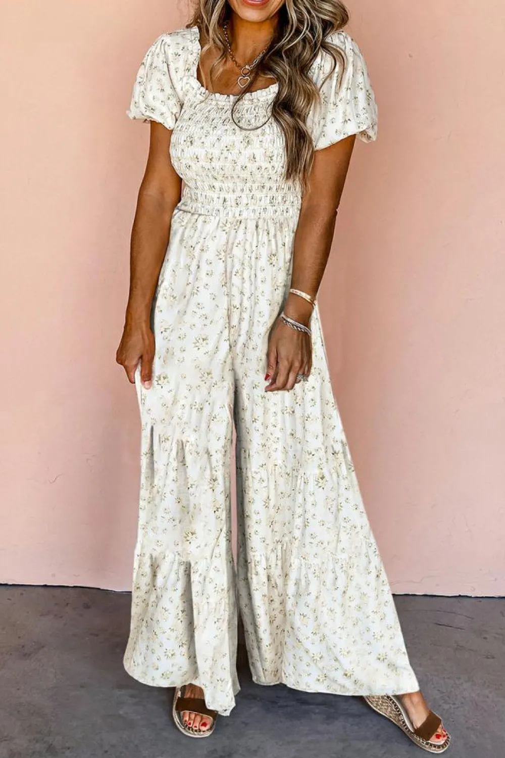 Best Dear-Lover Boho Floral Smocked Wide Leg Short Puff Sleeve Jumpsuit White