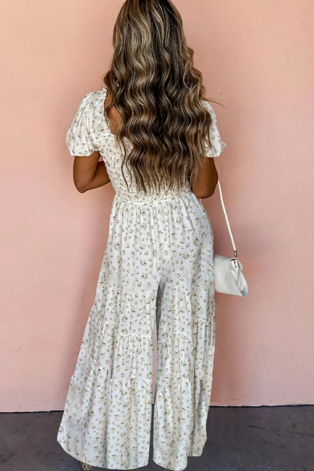 Best Dear-Lover Boho Floral Smocked Wide Leg Short Puff Sleeve Jumpsuit White