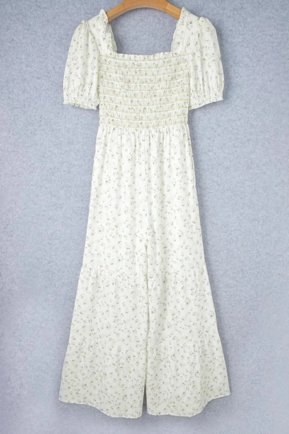 Best Dear-Lover Boho Floral Smocked Wide Leg Short Puff Sleeve Jumpsuit White
