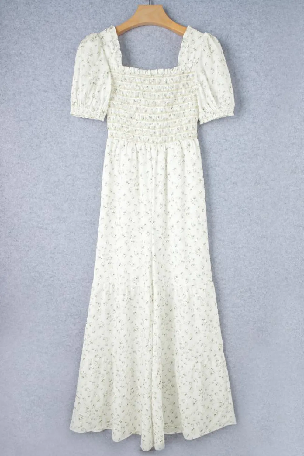 Best Dear-Lover Boho Floral Smocked Wide Leg Short Puff Sleeve Jumpsuit White