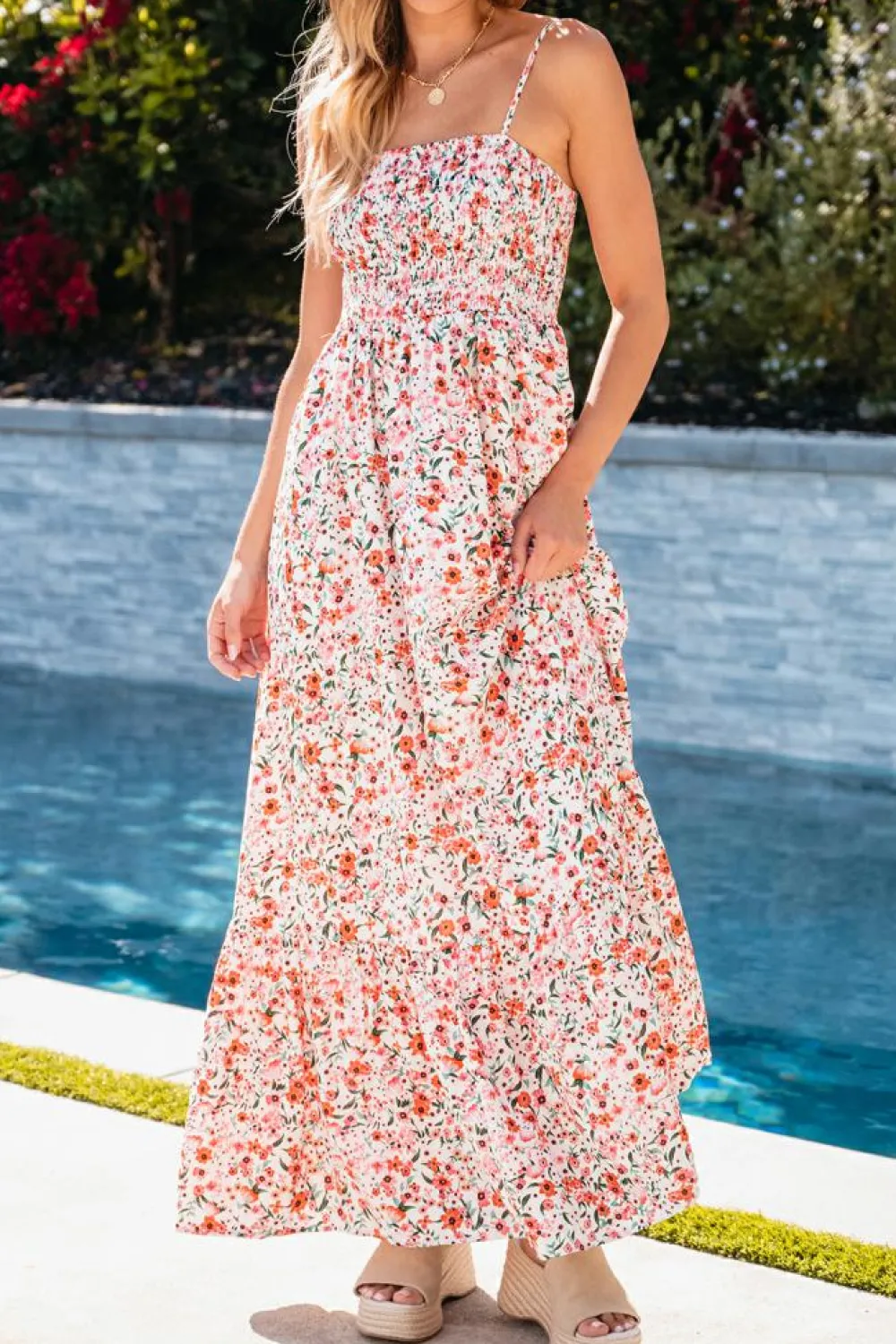 Online Dear-Lover Boho Floral Smocked Ruffled Maxi Dress White
