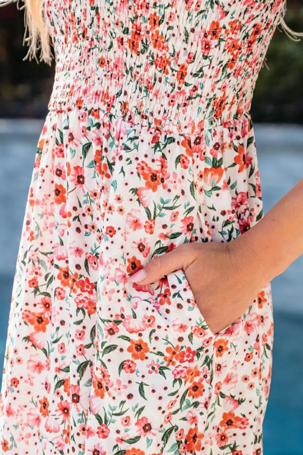 Online Dear-Lover Boho Floral Smocked Ruffled Maxi Dress White