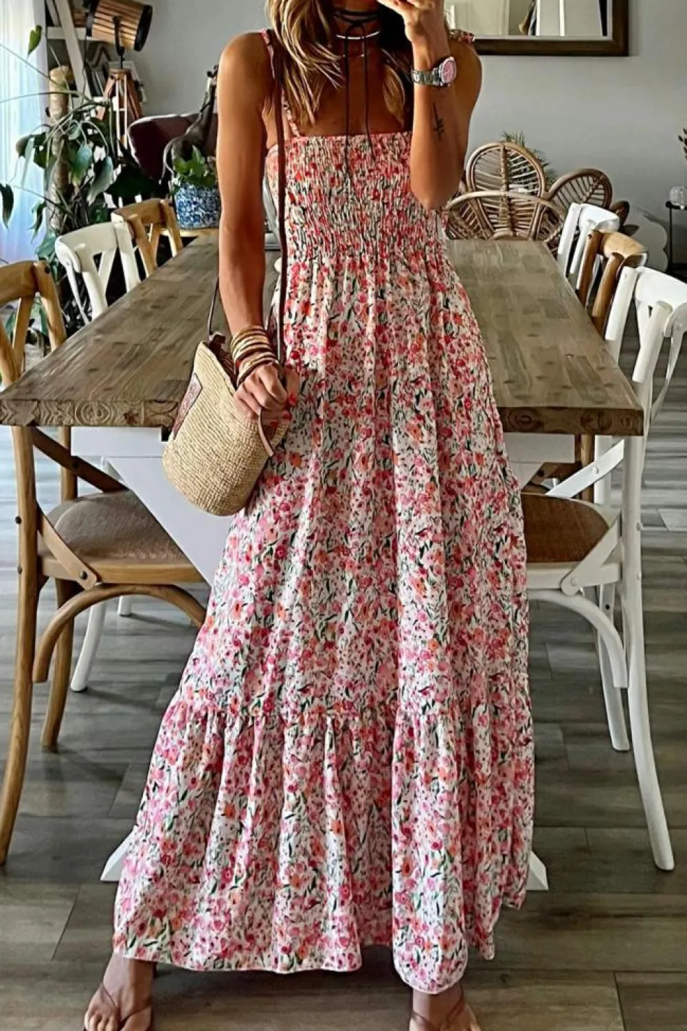 Online Dear-Lover Boho Floral Smocked Ruffled Maxi Dress White