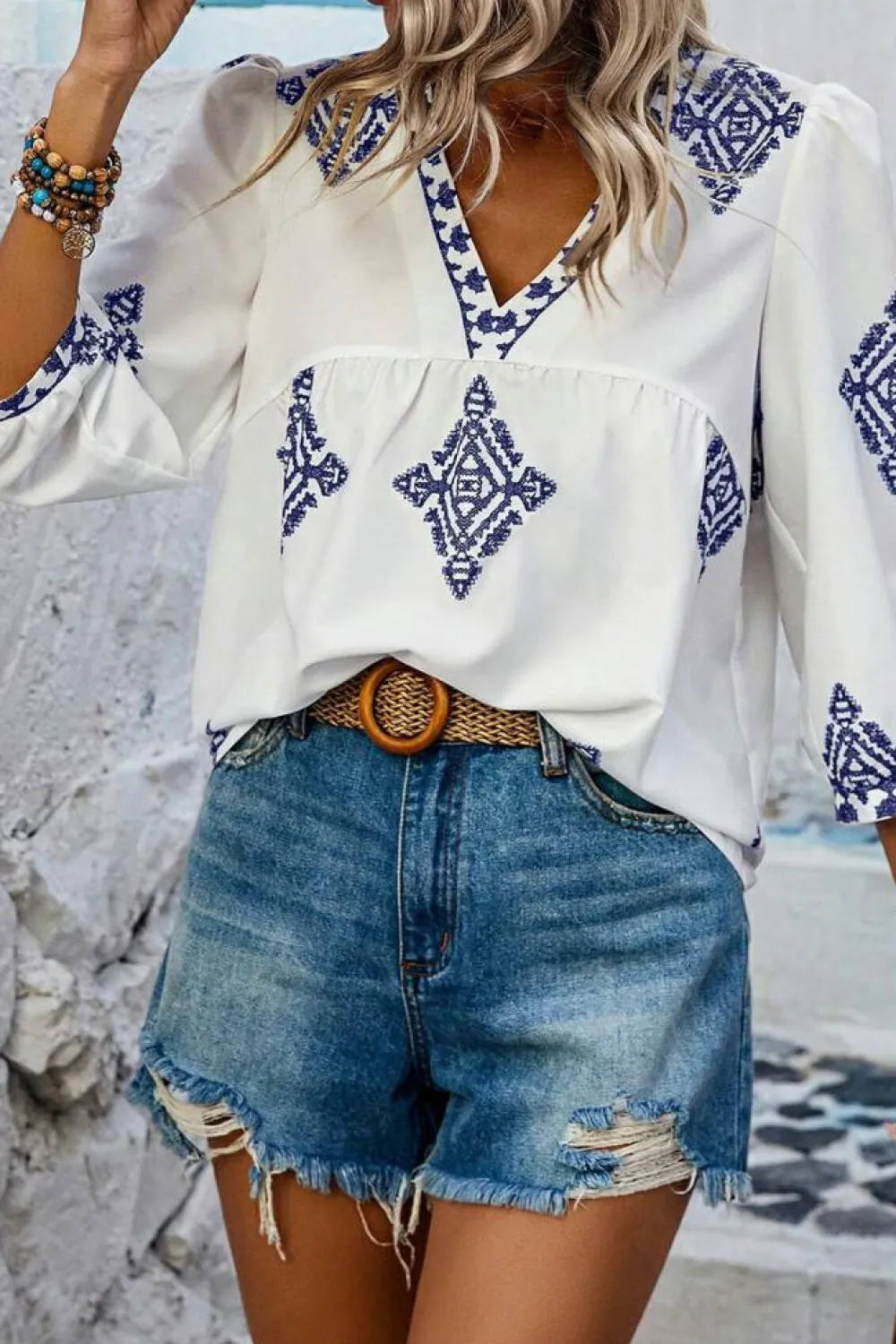 Best Dear-Lover Boho Geometric Print Bracelet Sleeve V Neck Blouse White