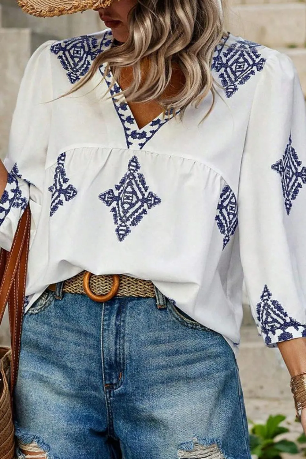 Best Dear-Lover Boho Geometric Print Bracelet Sleeve V Neck Blouse White