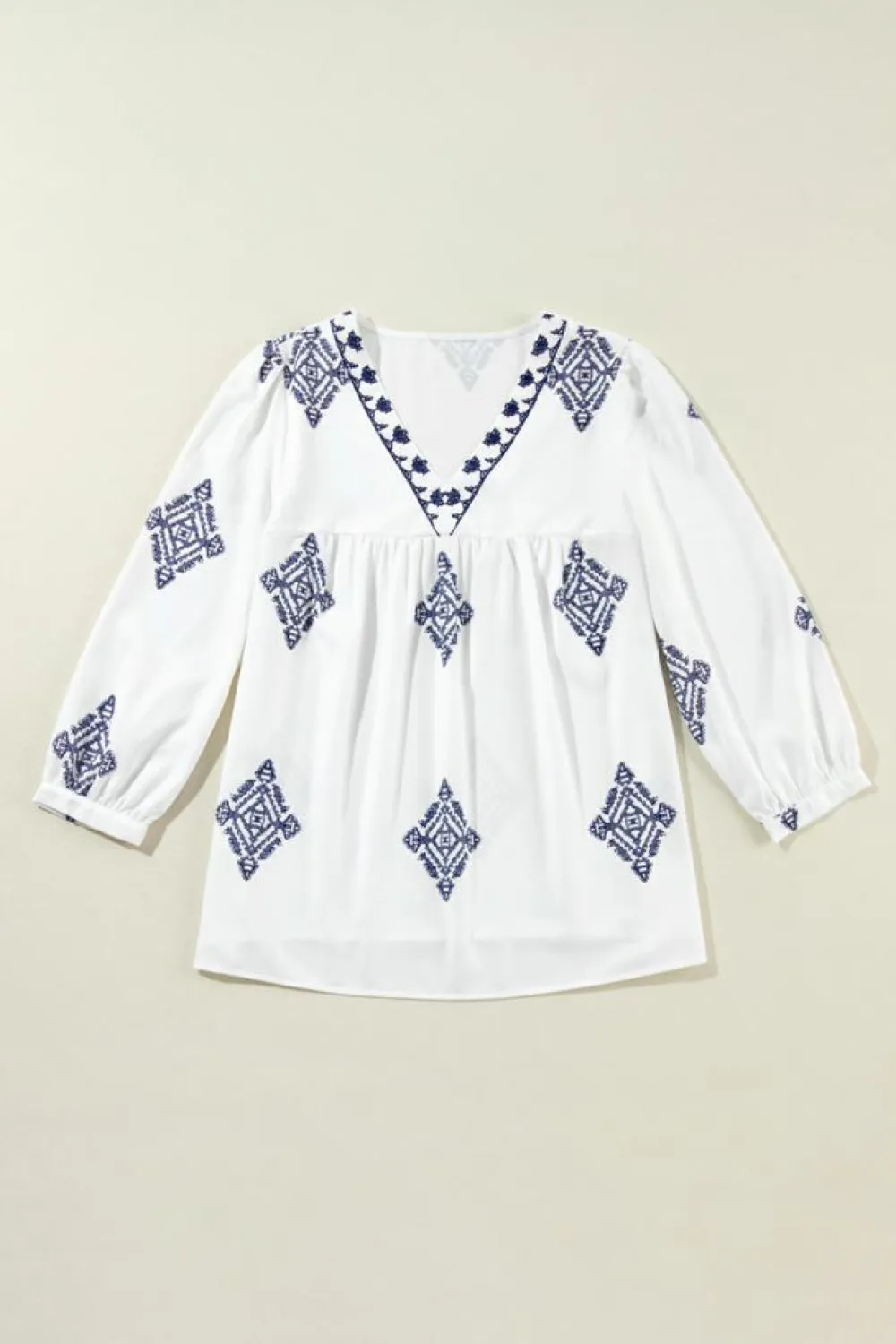 Best Dear-Lover Boho Geometric Print Bracelet Sleeve V Neck Blouse White
