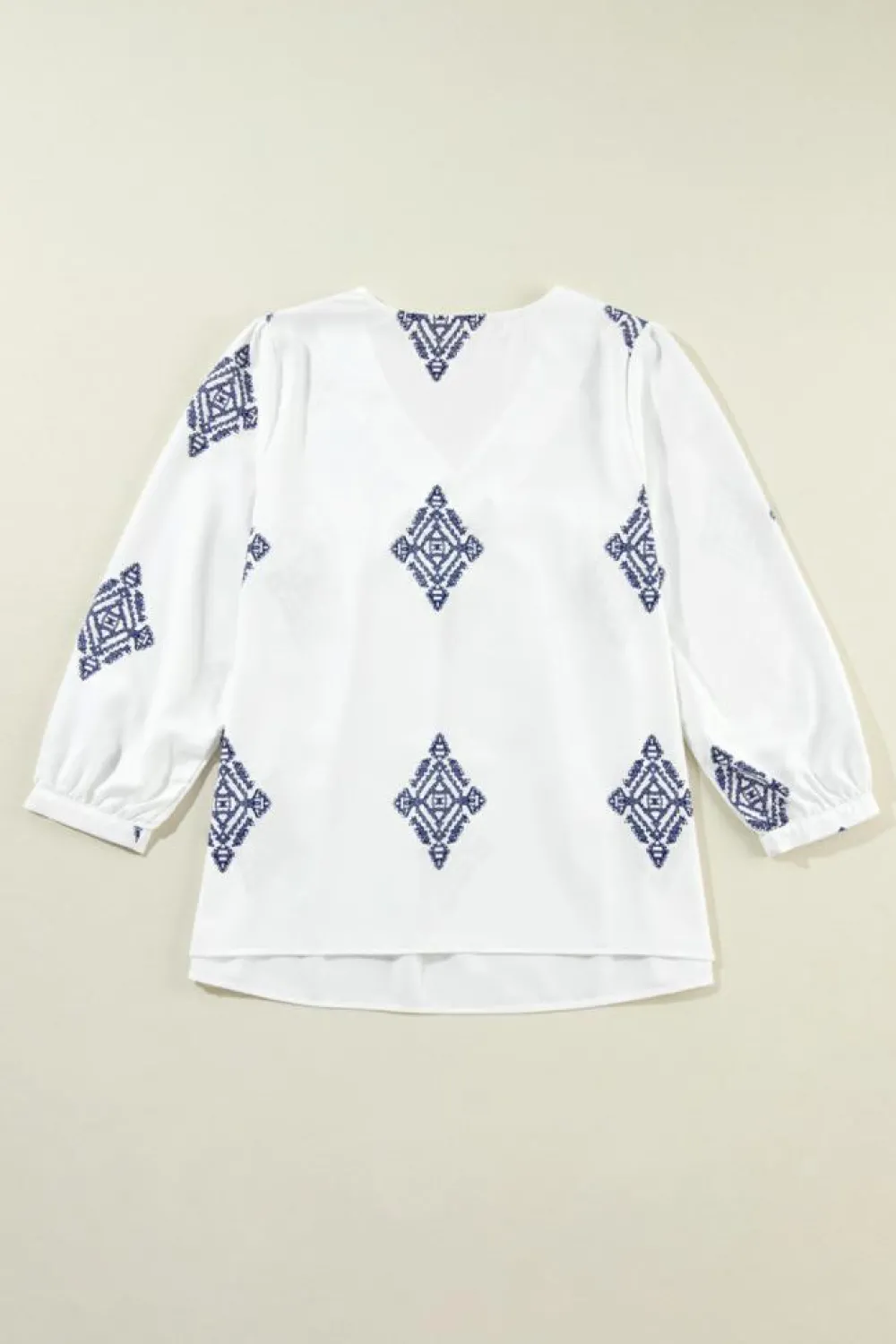 Best Dear-Lover Boho Geometric Print Bracelet Sleeve V Neck Blouse White
