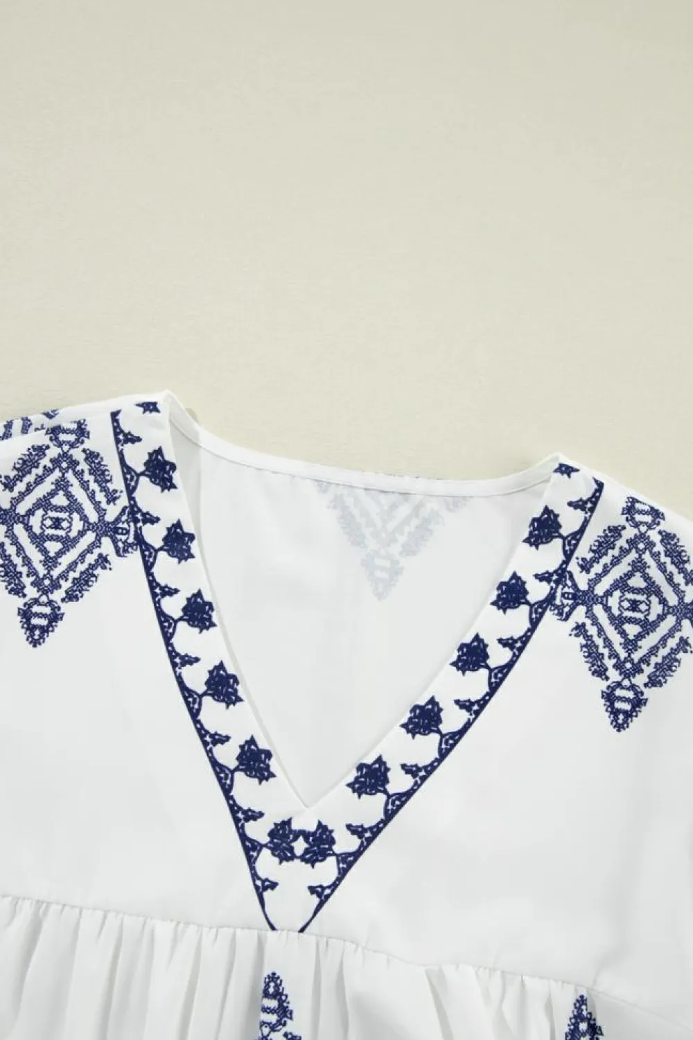 Best Dear-Lover Boho Geometric Print Bracelet Sleeve V Neck Blouse White