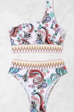 New Dear-Lover Boho Paisley Contrast Trimmed One-shoulder Bikini White