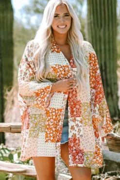 Clearance Dear-Lover Boho Patchwork Floral Open Front Kimono White