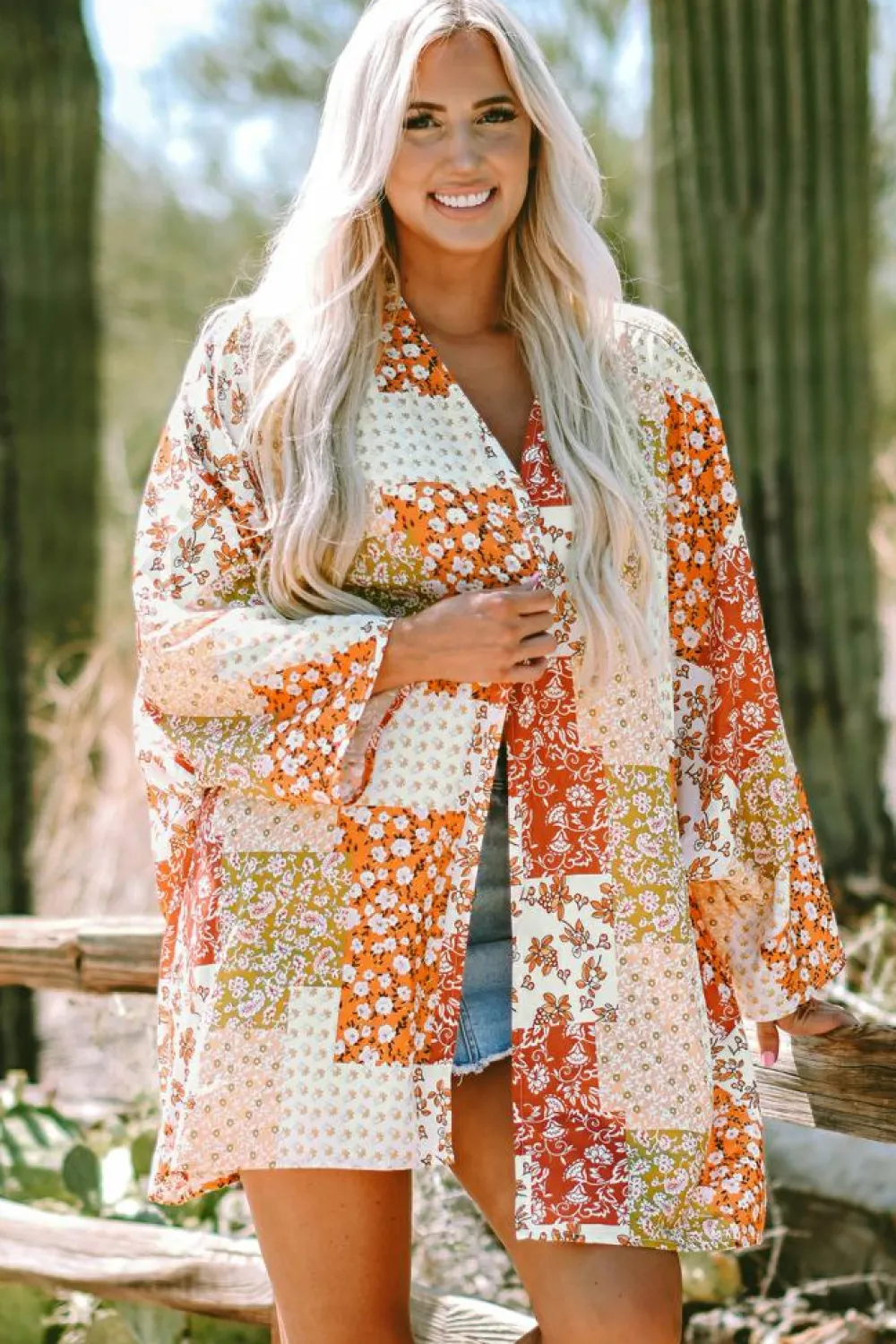 Clearance Dear-Lover Boho Patchwork Floral Open Front Kimono White