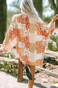 Clearance Dear-Lover Boho Patchwork Floral Open Front Kimono White