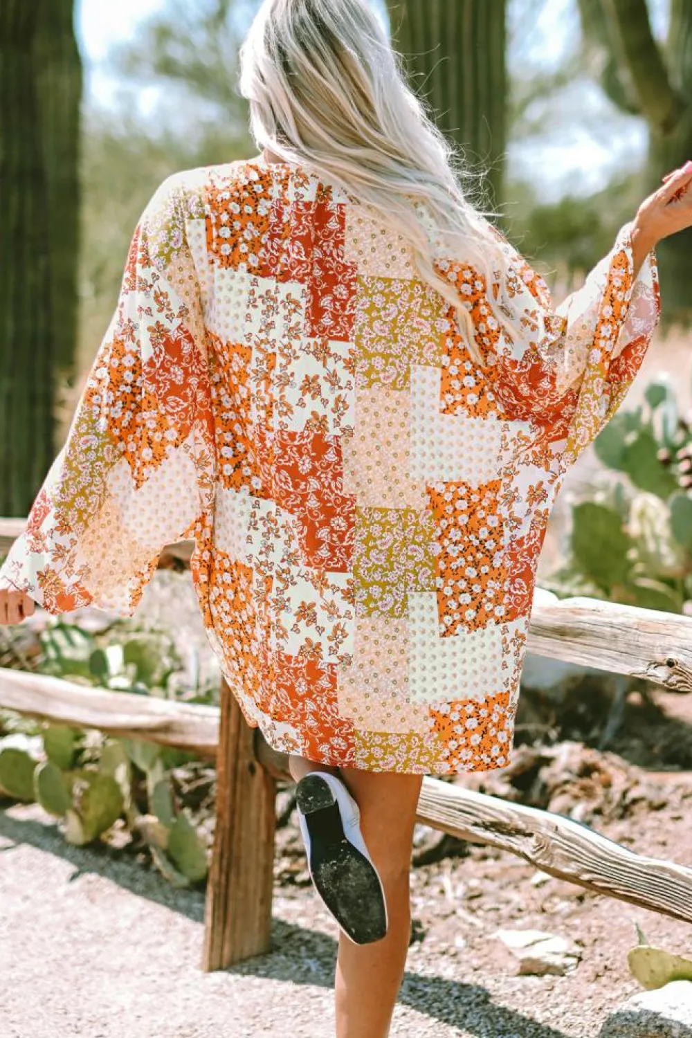 Clearance Dear-Lover Boho Patchwork Floral Open Front Kimono White