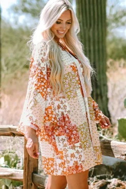 Clearance Dear-Lover Boho Patchwork Floral Open Front Kimono White