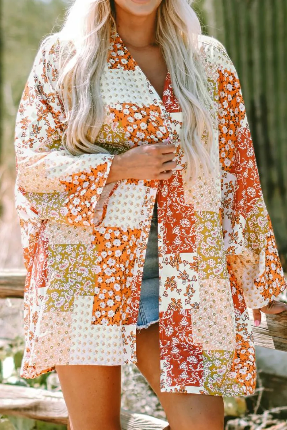 Clearance Dear-Lover Boho Patchwork Floral Open Front Kimono White
