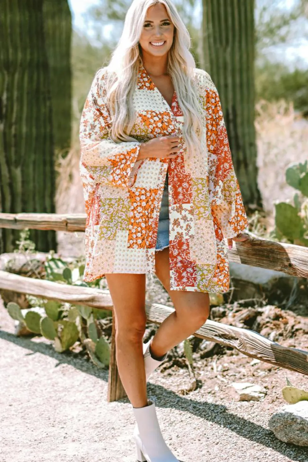 Clearance Dear-Lover Boho Patchwork Floral Open Front Kimono White