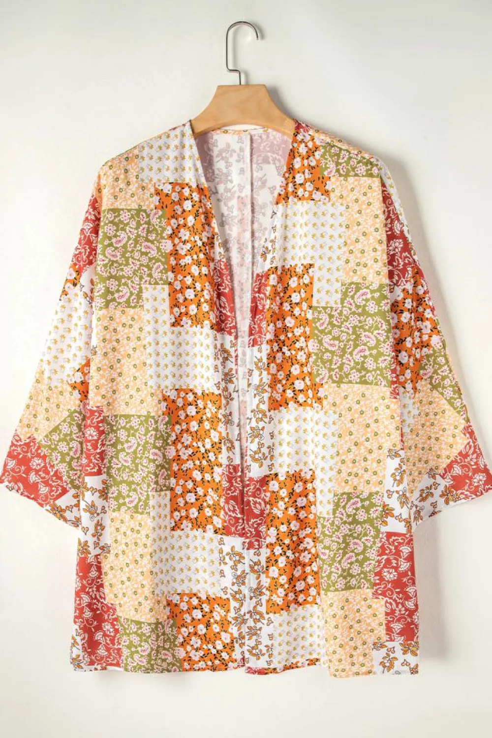 Clearance Dear-Lover Boho Patchwork Floral Open Front Kimono White