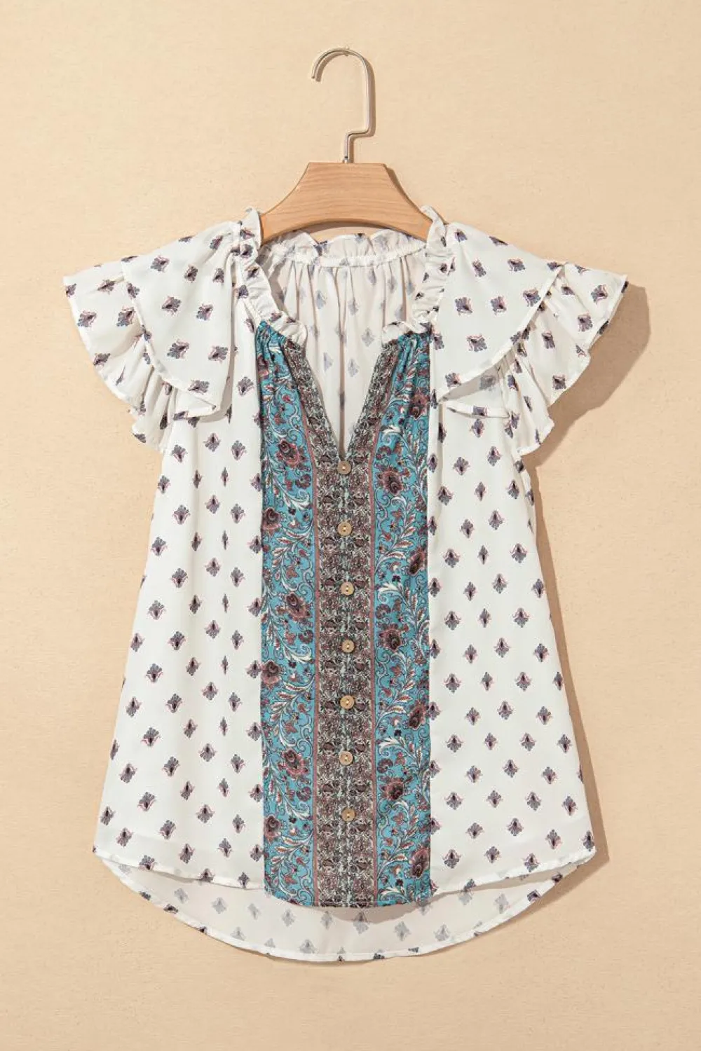 Best Dear-Lover Boho Pattern Tiered Ruffled Sleeve V Neck Buttoned Blouse White